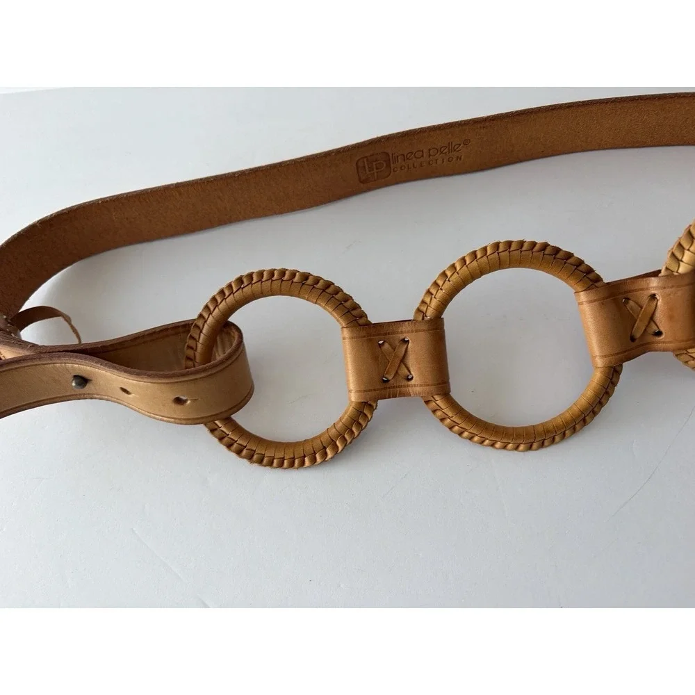Linea Pelle Leather Triple Ring Belt Tan Woven Leather Sz M BOHO Festival‎